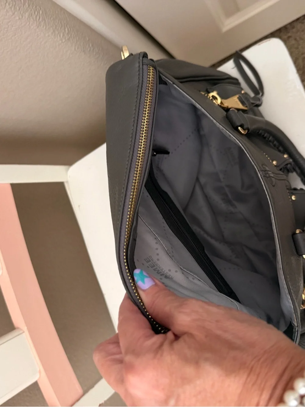 Aimee Kestenberg Gray Pebbled Leather Satchel with Gold Hardware